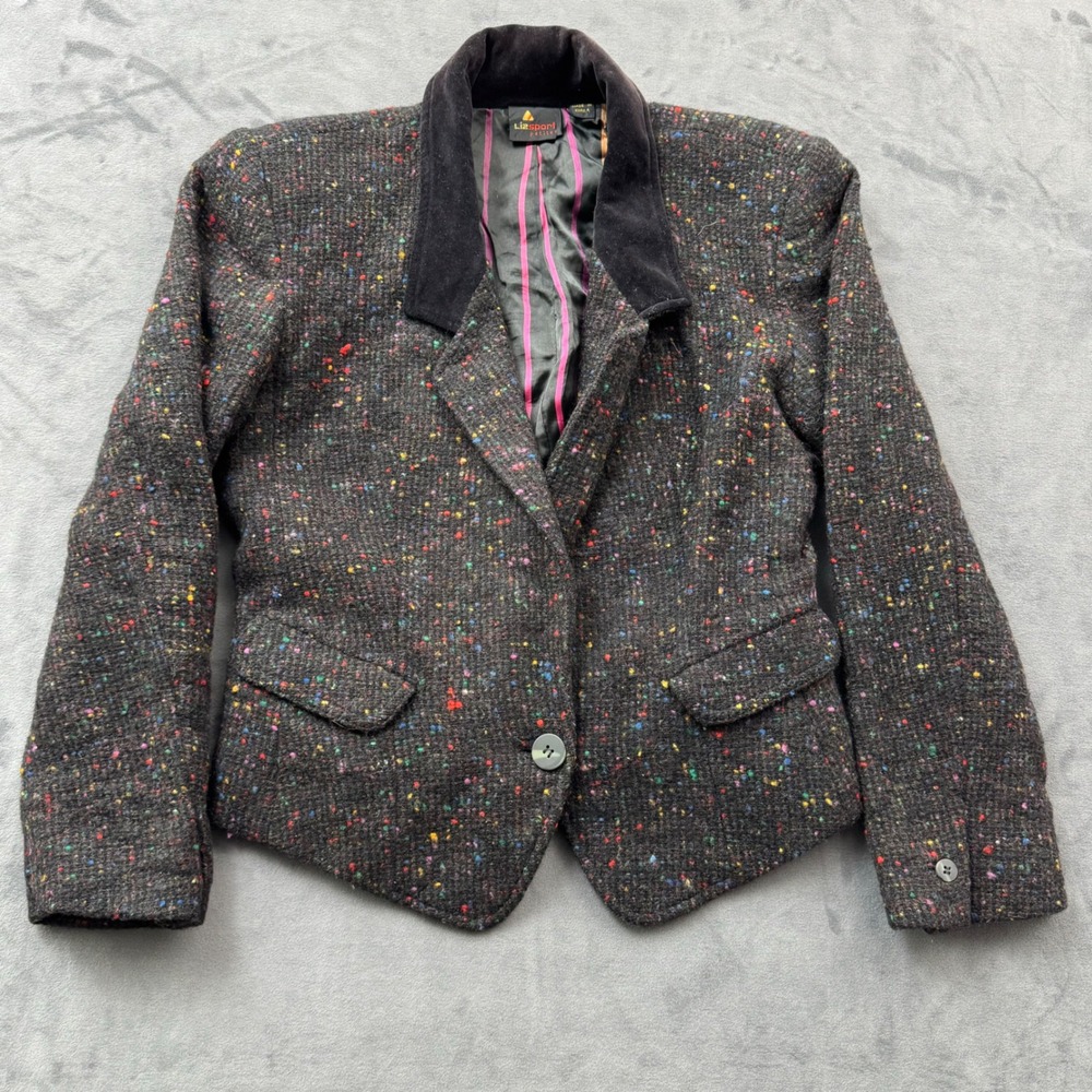 Lizsport Petites Vintage Multi-Color Confetti Tweed Blazer Velvet Collar Black
